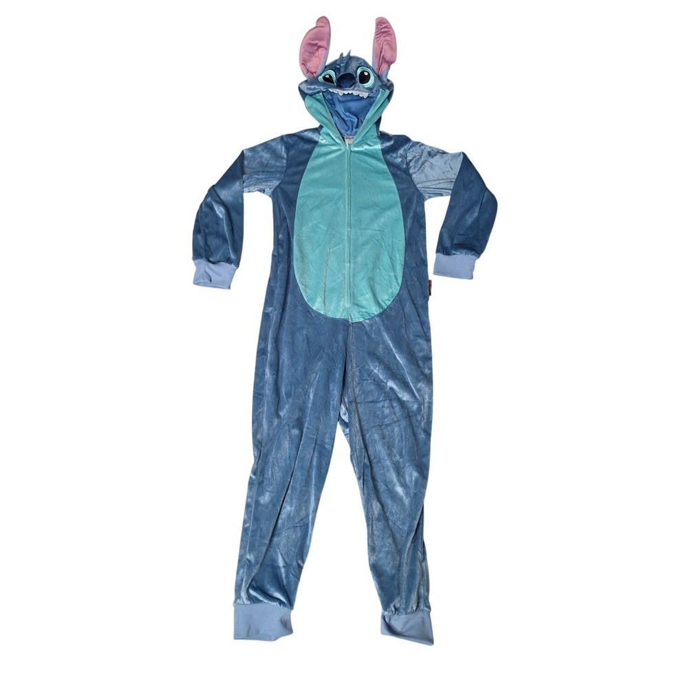 Disney Pajamas Boys XL Blue Stitch Hooded Costume Plush Zip Dress-up Halloween